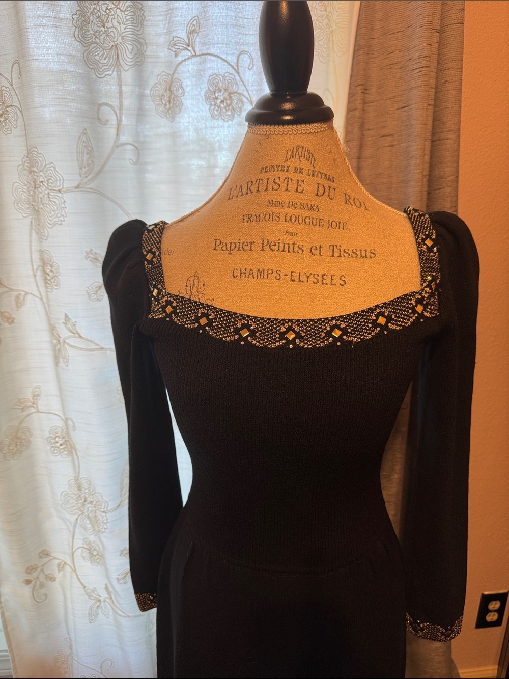 St. John Collection Black Long-Sleeve Knit Dress with Beaded Square Neck Vintage
